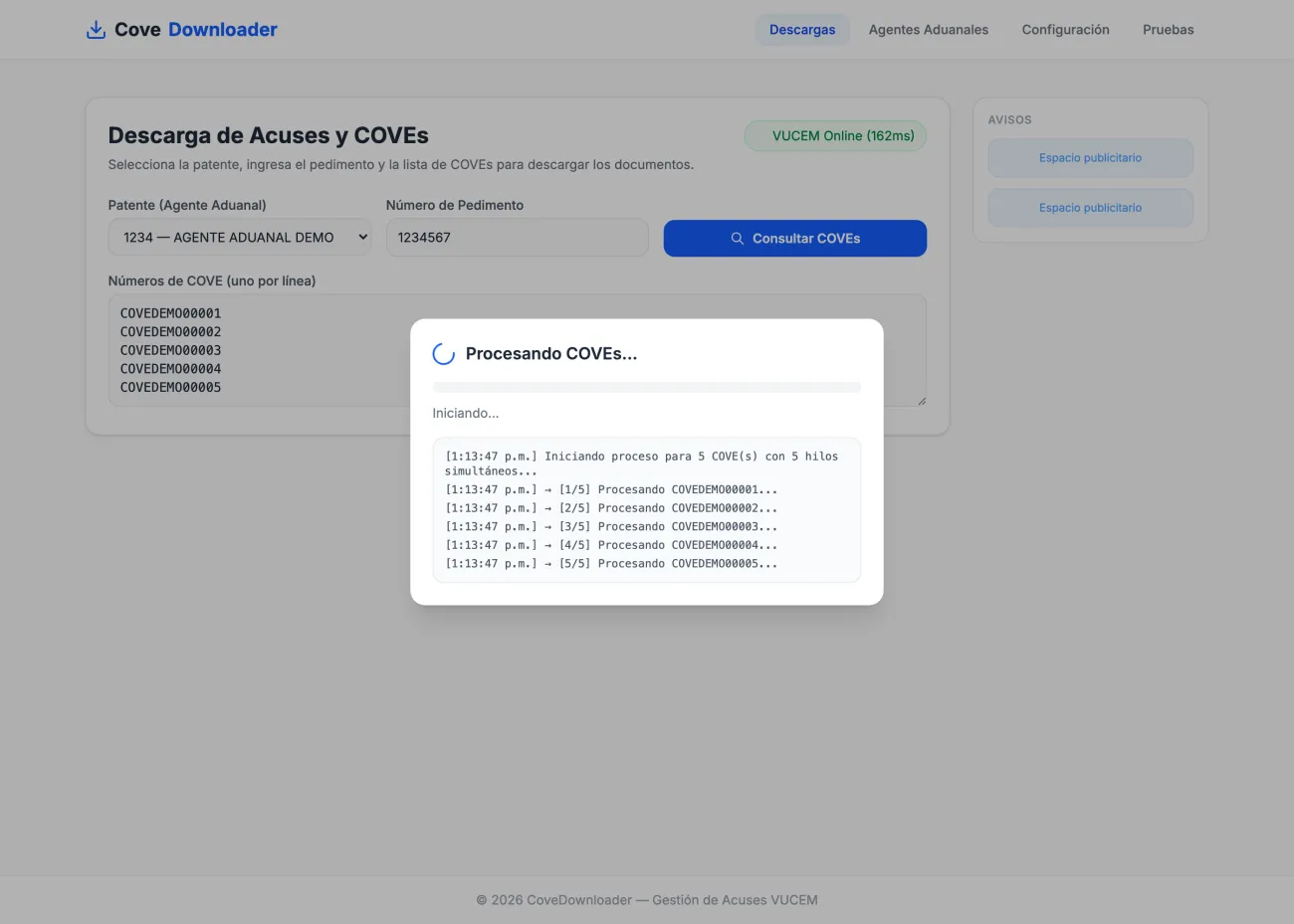 COVEdownloader procesando cinco COVE en paralelo, datos de demostración