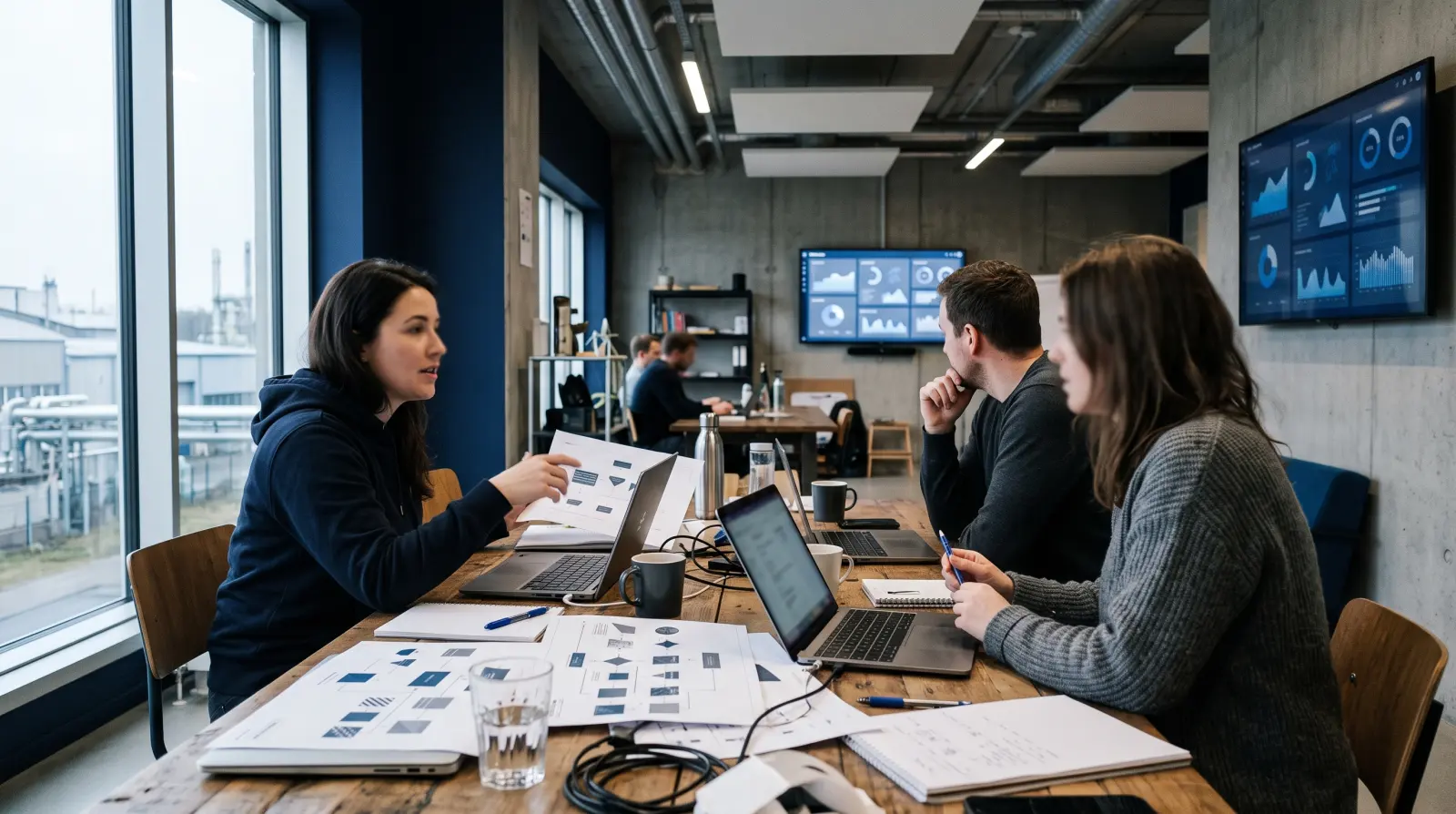 Sesión de trabajo alrededor de una mesa con laptops y diagramas de proceso impresos